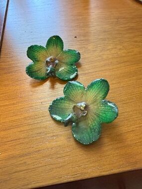 Green Orchid Flower Post Earrings - Resin coated